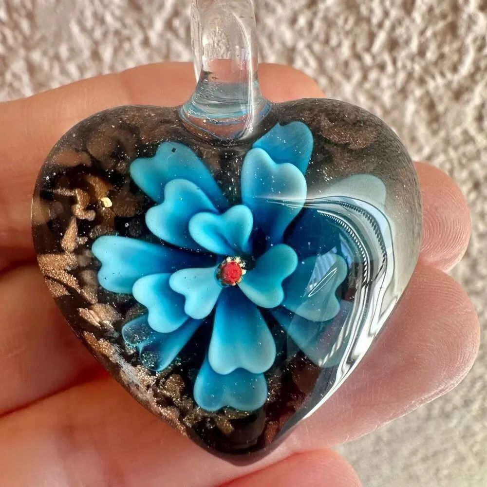 Heart blue glass lamp work pendant